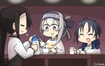  3girls =3 alternate_costume apron bandana black_apron black_hair blue_eyes blue_headband closed_eyes clothes_writing commentary_request counter cup dated folded_ponytail glass hamu_koutarou headband highres kamoi_(kantai_collection) kantai_collection long_hair long_sleeves low_twintails milk milk_carton multiple_girls nachi_(kantai_collection) ribbon side_ponytail sidelocks suzukaze_(kantai_collection) sweater twintails white_hair white_sweater 