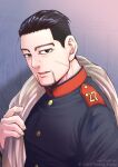  1boy black_eyes black_hair blue_jacket cloak_removed collared_jacket decoy00xx face facial_hair gaiters goatee golden_kamuy hair_slicked_back hair_strand jacket long_sleeves looking_at_viewer male_focus military military_uniform ogata_hyakunosuke pants portrait scar scar_on_cheek scar_on_face short_hair smile solo stubble undercut uniform upper_body 