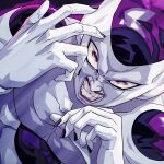  1boy angry collarbone dragon_ball dragon_ball_z dutch_angle evil_smile face fingernails frieza hands_up looking_at_viewer male_focus muscle purple_lips shiny smile solo teeth upper_body violet_eyes yagi2013 
