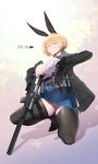  1girl absurdres alternate_legwear animal_ears aronman black_coat black_footwear black_legwear blonde_hair blue_eyes blue_skirt breasts character_name coat girls_frontline hair_ornament high_heels highres holding holding_weapon huge_filesize jacket large_breasts looking_at_viewer panties pencil_skirt rabbit_ears russian_flag russian_text short_hair skirt solo thigh-highs underwear vsk-94_(girls_frontline) weapon white_panties 