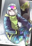  1boy alternate_costume black_eyes black_hair blue_jacket blue_pants collared_jacket crossed_legs decoy00xx facial_hair feet_out_of_frame goatee goggles goggles_on_head golden_kamuy hair_strand hood hood_up jacket light_smile long_sleeves looking_at_viewer male_focus ogata_hyakunosuke pants scar scar_on_cheek scar_on_face short_hair sitting solo stubble winter_clothes 