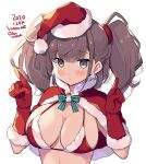  1girl atlanta_(kantai_collection) blush breasts brown_hair capelet closed_mouth dated earrings eyebrows_visible_through_hair gloves grey_eyes hat jewelry kantai_collection large_breasts long_hair odawara_hakone red_capelet red_gloves santa_costume santa_hat simple_background solo star_(symbol) star_earrings twitter_username two_side_up upper_body white_background 