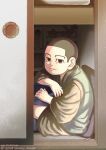  1boy bed black_eyes black_hair brown_kimono buzz_cut decoy00xx door golden_kamuy japanese_clothes kimono light_smile looking_at_viewer male_focus ogata_hyakunosuke short_hair sitting solo very_short_hair wood wooden_floor younger 