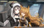  2girls animal_ears arknights black_jacket black_tank_top breasts broken_horn brown_hair ceobe_(arknights) collar commentary dog_ears dog_tail eyebrows_visible_through_hair fang feeding food grey_hair highres holding holding_food hood hood_up horns jacket large_breasts long_hair looking_at_another multicolored multicolored_clothes multicolored_jacket multiple_girls open_clothes open_jacket open_mouth oripathy_lesion_(arknights) red_eyes short_hair spacelongcat strap tail tank_top very_long_hair vulcan_(arknights) white_hood 