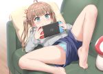  1girl absurdres ahoge anger_vein barefoot blue_eyes blush breath commentary_request couch grin handheld_game_console heavy_breathing highres holding holding_handheld_game_console indoors light_brown_hair looking_at_viewer lying mushroom nedia_(nedia_region) nintendo_switch on_back open_mouth original panties pantyshot pillow smile solo spread_legs striped twintails underwear 