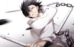  1boy absurdres black_hair chain crack grin highres holding holding_staff holding_weapon jujutsu_kaisen male_focus scar scar_on_mouth sibato5 smile solo staff three_section_staff weapon yellow_eyes 
