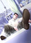  1boy bath bathroom black_eyes black_hair collared_shirt decoy00xx expressionless facial_hair feet foreshortening full_body goatee golden_kamuy hair_slicked_back hair_strand head_tilt long_sleeves looking_at_viewer male_focus ogata_hyakunosuke scar scar_on_cheek scar_on_face see-through shirt short_hair solo stubble undercut water wet wet_clothes wet_pants wet_shirt 