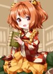  1girl apron bangs bell book brown_background character_name checkered checkered_kimono clothes_writing eyebrows_visible_through_hair green_skirt hair_bell hair_ornament highres holding holding_book japanese_clothes jingle_bell kimono long_sleeves looking_at_viewer medium_hair motoori_kosuzu open_mouth orange_hair red_eyes romaji_text ruu_(tksymkw) skirt smile solo standing touhou twintails two_side_up wide_sleeves yellow_apron 