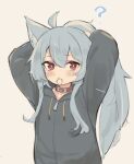  1girl ? ahoge animal_ears arms_up bangs black_jacket blush brown_collar closed_mouth collar drawstring eyebrows_visible_through_hair fenrir_(fenriluuu) grey_background grey_hair hair_between_eyes hair_tie hair_tie_in_mouth hood hood_down hooded_jacket jacket long_hair long_sleeves looking_at_viewer mouth_hold original ponytail red_eyes sidelocks simple_background solo tying_hair upper_body very_long_hair 