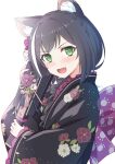  1girl :d animal_ear_fluff animal_ears bangs black_hair black_kimono blush braid cat_ears cat_girl cat_tail commentary eyebrows_visible_through_hair fang floral_print flower french_braid green_eyes hair_flower hair_ornament highres holding japanese_clothes karyl_(princess_connect!) kimono long_hair looking_at_viewer multicolored_hair new_year obi open_mouth pink_sash princess_connect! princess_connect!_re:dive sash sigma_rio smile solo streaked_hair tail white_background white_hair 