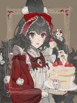  1girl animal_ear_fluff animal_ears apron big_hair black_eyes black_hair bow bowtie brown_bow brown_neckwear cake dress facial_mark food fork fruit heterochromia highres holding holding_food holding_fork long_hair long_sleeves looking_at_viewer original parted_lips rabbit rabbit_ears red_dress red_eyes sankomichi solo strawberry strawberry_shortcake tray upper_body white_apron 