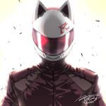  1girl alternate_color animal_ears biker_clothes cat_ears celty_sturluson durarara!! glowing glowing_eye helmet jacket leather leather_jacket looking_at_viewer nogi_(sakanashikatabenai) opaque_helmet 