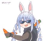  1girl :d animal_ear_fluff animal_ears black_vest blue_hair blush bracelet braid copyright_request covered_eyes dark-skinned_female dark_skin facing_viewer gradient_hair holding_carrot hololive jewelry kukie-nyan multicolored_hair open_mouth rabbit_ears simple_background smile solo spiked_bracelet spikes sunglasses twin_braids two-tone_hair usada_pekora vest white_background white_hair wristband 