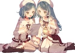  2girls absurdres aqua_hair bang_dream! boots brown_footwear brown_legwear capelet choker closed_mouth commentary_request earrings fur-trimmed_capelet fur_trim gloves hat highres hikawa_hina hikawa_sayo hinakano_h holding holding_hands holding_lantern holding_paper jewelry lantern long_hair long_skirt long_sleeves multiple_girls necklace open_mouth paper partial_commentary pearl_necklace pom_pom_(clothes) pom_pom_earrings reading red_neckwear seiza short_hair simple_background sitting skirt smile thigh-highs thigh_boots upper_body white_background white_gloves white_skirt yellow_eyes zettai_ryouiki 