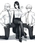  1girl 2boys bowl_cut character_request chichizuki_(manman-ya) crossed_legs dated greyscale long_hair looking_at_viewer monochrome multiple_boys necktie office_lady pantyhose short_hair signature smile tagme 