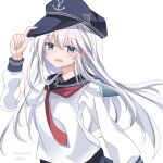  1girl anchor_symbol black_sailor_collar blue_eyes fathom flat_cap hat hibiki_(kantai_collection) highres kantai_collection long_hair looking_at_viewer neckerchief red_neckwear sailor_collar school_uniform serafuku silver_hair simple_background smile solo twitter_username white_background 