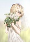  1girl applepie_(12711019) bare_shoulders blonde_hair blurry blurry_background bouquet bridal_veil brown_eyes dress flower hair_flower hair_ornament hair_over_one_eye head_wreath highres holding holding_bouquet holding_flower idolmaster idolmaster_cinderella_girls looking_at_viewer shirasaka_koume short_hair sleeveless solo standing veil wedding_dress white_dress 