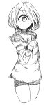  1girl alastor1211 cropped_legs cyclops greyscale highres jewelry looking_at_viewer monochrome one-eyed original pendant raised_eyebrows short_hair shorts simple_background sketch solo standing translation_request white_background 