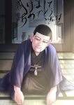  1boy black_eyes black_hair black_kimono buzz_cut decoy00xx facial_hair full_body goatee golden_kamuy hair_strand haori japanese_clothes kimono kneeling light_smile looking_at_viewer male_focus ogata_hyakunosuke short_hair solo stubble wooden_floor 