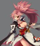  1girl baiken breasts eyepatch facial_mark guilty_gear highres japanese_clothes long_hair looking_at_viewer pink_eyes pink_hair pipe ponytail smile sword weapon 