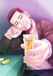  1boy alternate_costume black_eyes black_hair blurry_foreground brown_jacket contemporary cup decoy00xx denim drinking_glass elbow_rest facial_hair food fruit goatee golden_kamuy hair_slicked_back hair_strand incoming_drink jacket jeans lemon lemon_slice long_sleeves looking_at_viewer male_focus ogata_hyakunosuke open_clothes open_jacket pants scar scar_on_cheek scar_on_face short_hair smile solo stubble undercut upper_body 
