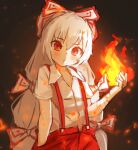  1girl :o bandaged_arm bandages bangs black_background blush bow collared_shirt commentary_request eyebrows_visible_through_hair fire flat_chest fujiwara_no_mokou gradient gradient_background hair_between_eyes hair_bow hand_in_pocket head_tilt long_hair looking_at_viewer pants parted_lips pyrokinesis red_eyes red_pants shirt short_sleeves simple_background solarisu solo standing suspenders symbol_commentary touhou upper_body very_long_hair white_hair white_shirt 