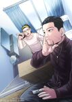  2boys alternate_costume black_eyes black_hair black_shirt contemporary curtains decoy00xx earphones elbow_rest expressionless facial_hair foreshortening goatee golden_kamuy hair_slicked_back hair_strand hand_on_own_face head_tilt long_sleeves looking_at_another male_focus multiple_boys ogata_hyakunosuke scar scar_on_cheek scar_on_face shirt short_hair stubble sugimoto_saichi undercut white_shirt 