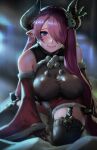  1girl bare_shoulders blue_eyes blush breasts bright_pupils comic-z detached_sleeves draph fur_trim gloves granblue_fantasy hair_over_one_eye highres holly horns large_breasts long_hair narmaya_(granblue_fantasy) on_bed pink_hair pointy_ears pom_pom_(clothes) santa_dress sitting smile snowman_hair_ornament solo thigh-highs very_long_hair zettai_ryouiki 