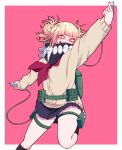 1girl arm_up bangs black_skirt blonde_hair blunt_bangs blush boku_no_hero_academia border brown_cardigan cardigan commentary_request double_bun fang highres holding kneehighs knife long_sleeves looking_at_viewer messy_hair miniskirt okumari open_mouth outstretched_arm pink_background pleated_skirt scarf school_uniform short_hair skirt smile solo teeth toga_himiko weapon white_border yellow_eyes 