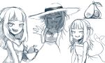  1girl alternate_costume avocado bangs basket blunt_bangs closed_eyes dme1 dress english_commentary fish_tail gawr_gura hat highres holding holding_basket hololive hololive_english looking_at_viewer looking_to_the_side monochrome multiple_views open_mouth shark_tail sharp_teeth sketch sun_hat tail teeth two_side_up virtual_youtuber waving white_background 