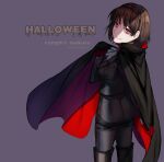  1girl black_cape black_footwear black_gloves black_jacket black_pants boots braid brown_hair cape character_name closed_mouth crown_braid eyebrows_visible_through_hair fang fang_out gloves halloween highres jacket looking_at_viewer looking_back niijima_makoto pants persona persona_5 purple_background red_eyes shiny shiny_hair short_hair simple_background smile solo standing thigh-highs thigh_boots twitter_username vampire vampire_costume yaoto 