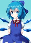  1girl arms_behind_back bangs blue_background blue_bow blue_dress blue_eyes blue_hair bow cirno closed_mouth collared_shirt dress eyebrows_visible_through_hair gradient gradient_background hair_bow highres ice ice_wings looking_at_viewer medium_hair red_neckwear red_ribbon ribbon ruu_(tksymkw) shirt short_sleeves solo standing touhou white_shirt wings 