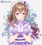  1girl ahoge bow brown_eyes brown_hair commentary_request dress flower frilled_gloves frills gloves hair_bow hair_flower hair_ornament hands_clasped highres idolmaster idolmaster_shiny_colors interlocked_fingers konase_(non_stop!) kuwayama_chiyuki long_hair looking_at_viewer own_hands_together polka_dot polka_dot_dress polka_dot_gloves ponytail puffy_short_sleeves puffy_sleeves purple_bow purple_dress purple_gloves ringlets short_sleeves solo upper_body 