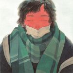  1girl androgynous bangs black_hair closed_eyes green_scarf highres kan0nakan0 mask mouth_mask original plaid plaid_scarf scarf short_hair simple_background solo surgical_mask upper_body white_background 