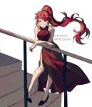  1girl artist_name bare_shoulders breasts circlet closed_eyes commission ctnplant dress high_heels highres long_hair medium_breasts ponytail pyrrha_nikos railing redhead rwby simple_background sleeveless smile solo stairs standing teeth twitter_username watermark white_background 