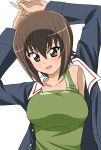  1girl alternate_costume armpits arms_behind_head arms_up bangs blue_jacket breasts brown_eyes brown_hair commentary eyebrows_visible_through_hair girls_und_panzer green_shirt highres jacket long_sleeves looking_at_viewer medium_breasts nishizumi_maho ooarai_military_uniform open_clothes open_jacket open_mouth shirt short_hair simple_background smile solo tank_top upper_body wakku_kan white_background 