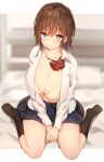  1girl bangs bed_sheet black_legwear blue_eyes blush bow bowtie breasts brown_hair hands_together highres huge_breasts kneehighs looking_at_viewer loose_neckwear original pleated_skirt red_neckwear school_uniform short_hair sitting skirt solo sune_(mugendai) wariza 