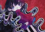  1girl abstract_background black_hair blue_eyes drooling feet_out_of_frame hair_between_eyes long_sleeves looking_at_viewer original red_shirt shirt short_hair solo tears zukky000 