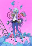  1girl aqua_eyes black_footwear black_shorts blue_fire blue_legwear book fire glasses grey_hair holding holding_book long_sleeves looking_at_viewer mokeo original pink_background shirt shoes short_hair shorts smoke solo spiral standing white_shirt 