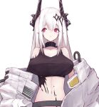  1girl arknights bangs black_collar black_tank_top breasts buran_(kure) collar crop_top eyebrows_visible_through_hair highres horns large_breasts long_hair looking_to_the_side midriff mudrock_(arknights) navel off_shoulder pointy_ears red_eyes solo tank_top white_background 