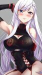  1girl absurdres arm_up azur_lane bare_shoulders belfast_(azur_lane) blue_eyes blush braid breasts cleavage_cutout clothing_cutout commentary_request copyright_name cosplay duke_of_york_(azur_lane) duke_of_york_(azur_lane)_(cosplay) duke_of_york_(prestige_of_the_glorious_formula)_(azur_lane) eyebrows_visible_through_hair garter_straps hand_on_own_head highres large_breasts long_hair marumai racequeen silver_hair tongue tongue_out upper_body 
