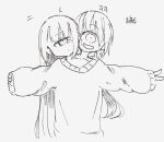  2girls alastor1211 constricted_pupils cyclops expressionless grey_background greyscale grin long_hair looking_at_viewer loose_clothes monochrome multiple_girls one-eyed original outstretched_arms sharing sidelocks simple_background smile sweater translation_request very_long_hair 