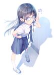  1girl absurdres black_hair blue_eyes blue_neckwear blue_skirt glasses hand_on_hip hand_up hatorisougo highres id_card index_finger_raised long_hair looking_at_viewer necktie open_mouth original school_uniform shadow shoes short_sleeves simple_background skirt 