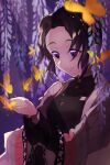  1girl absurdres black_hair black_jacket blurry blurry_background blurry_foreground bug butterfly butterfly_hair_ornament closed_mouth flower hair_intakes hair_ornament haori highres insect jacket japanese_clothes kimetsu_no_yaiba kochou_shinobu long_sleeves looking_down purple_background saba_shiono0141 shiny shiny_hair short_hair smile solo standing upper_body violet_eyes wisteria 