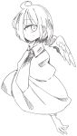  1girl ahoge alastor1211 bow bowtie capelet cyclops feathered_wings from_side greyscale highres looking_at_viewer mini_wings monochrome one-eyed original outstretched_arm raised_eyebrows simple_background solo translation_request white_background wings 
