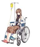  1girl absurdres alpha_transparency brown_hair closed_mouth counter:side glasses highres labcoat lanyard long_hair looking_at_viewer official_art olivie_park sitting skirt slippers smile solo tachi-e transparent_background wheelchair 