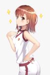  1girl absurdres bangs blush breasts brown_eyes brown_hair closed_mouth from_side gym_uniform hand_on_hip highres leaning_forward medium_hair mimori_(mimori_05) misaka_mikoto pants shiny shiny_hair shiny_skin shirt sleeveless sleeveless_shirt small_breasts smile solo standing to_aru_majutsu_no_index white_background white_pants white_shirt 