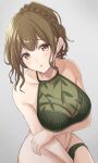  1girl absurdres bare_shoulders bikini bikini_bottom_removed bikini_top braid breasts brown_eyes brown_hair commentary_request earrings green_bikini grey_background halter_top halterneck highres idolmaster idolmaster_shiny_colors jewelry kuwayama_chiyuki large_breasts navel short_hair solo swimsuit tied_hair tomatology3 