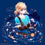  1boy artist_name belt blonde_hair blue_eyes blue_shirt clouds constellation crescent_moon dated earrings fingerless_gloves gloves handheld_game_console holding holding_handheld_game_console jewelry link long_sleeves meyoco_(style) moon nintendo_switch planet planetary_ring pointy_ears rock shirt short_over_long_sleeves short_sleeves solo sparkle the_legend_of_zelda the_legend_of_zelda:_breath_of_the_wild touminnn upper_body 