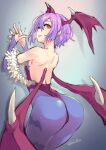  1girl animal_print ass bat_print demon_girl demon_wings detached_sleeves head_wings highres leotard lilith_aensland looking_back pink_eyes print_legwear purple_hair purple_legwear red_eyes red_leotard red_wings short_hair toshi_punk vampire_(game) wings 